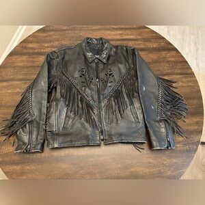 Black Leather Motorcycle Jacket Rose Cut Tassel Large
